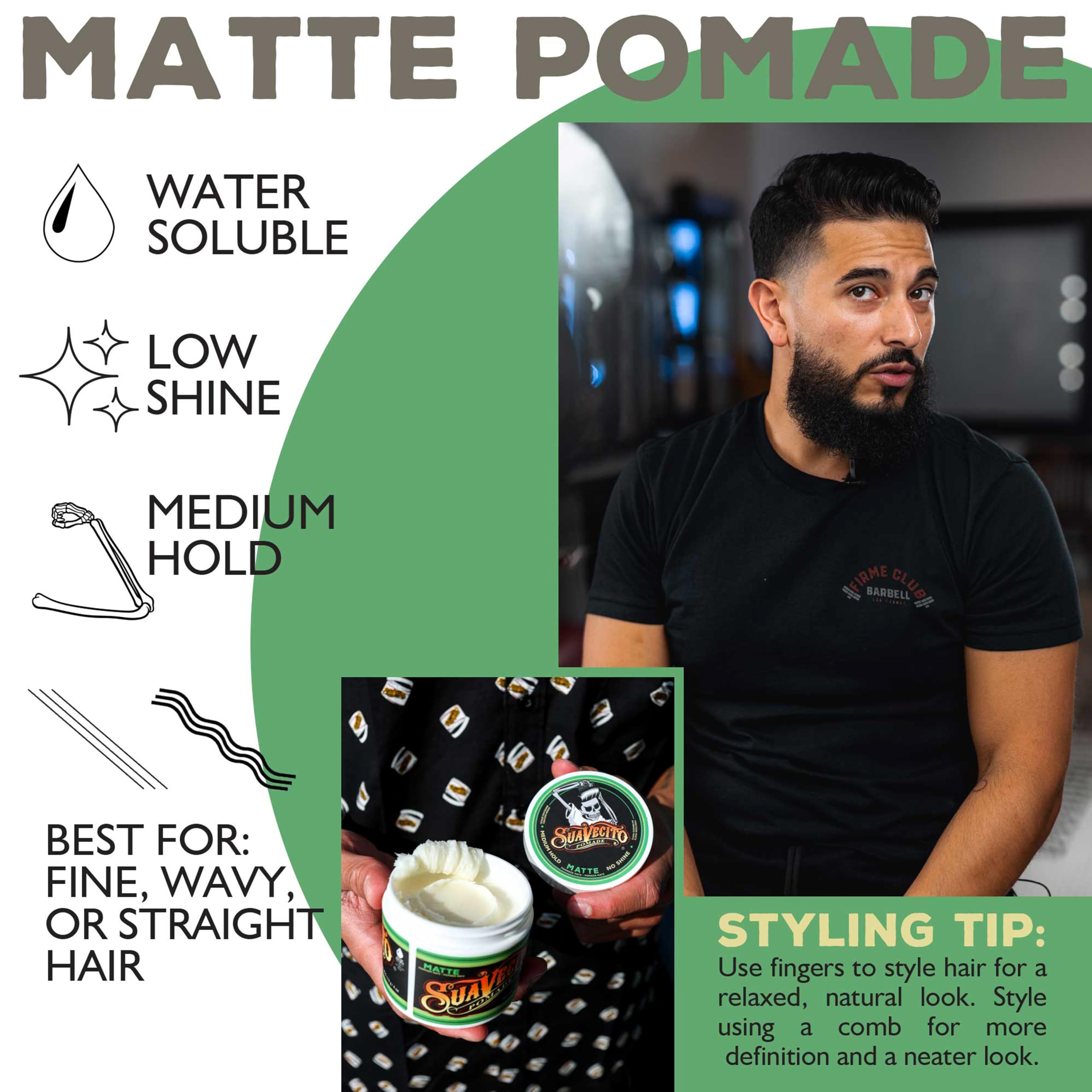 Natural matte finish achieved with Suavecito Matte Pomade.
