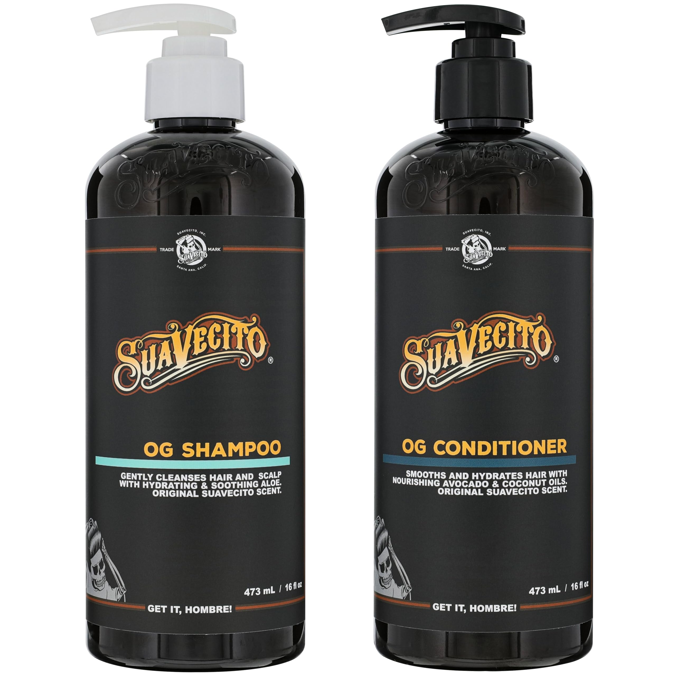 Suavecito OG shampoo bottle pump shows sulfate-free cleansing for all hair types.