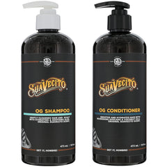 Suavecito OG shampoo bottle pump shows sulfate-free cleansing for all hair types.