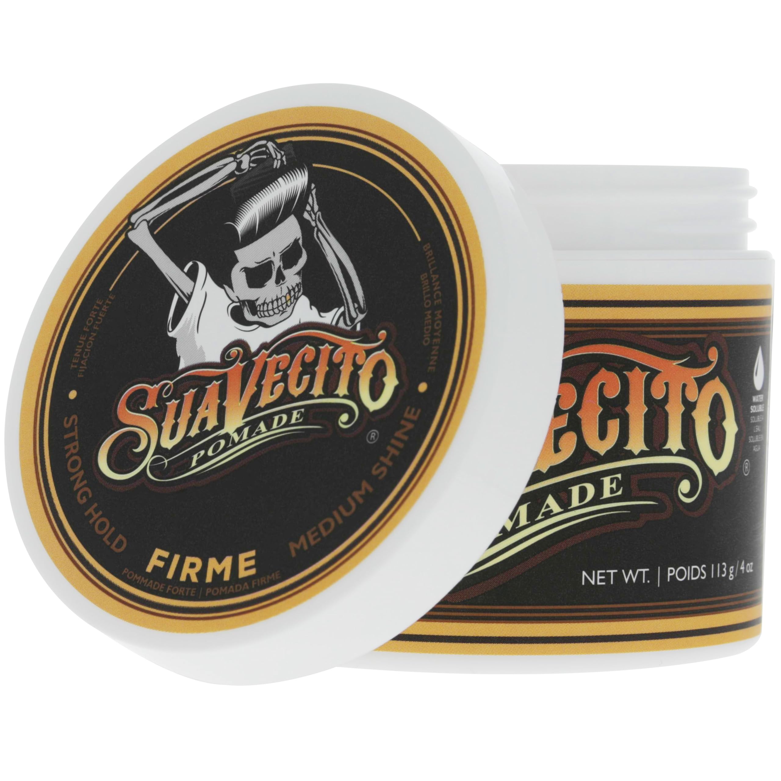 Suavecito Pomade Firme flake-free formula for clean styling.