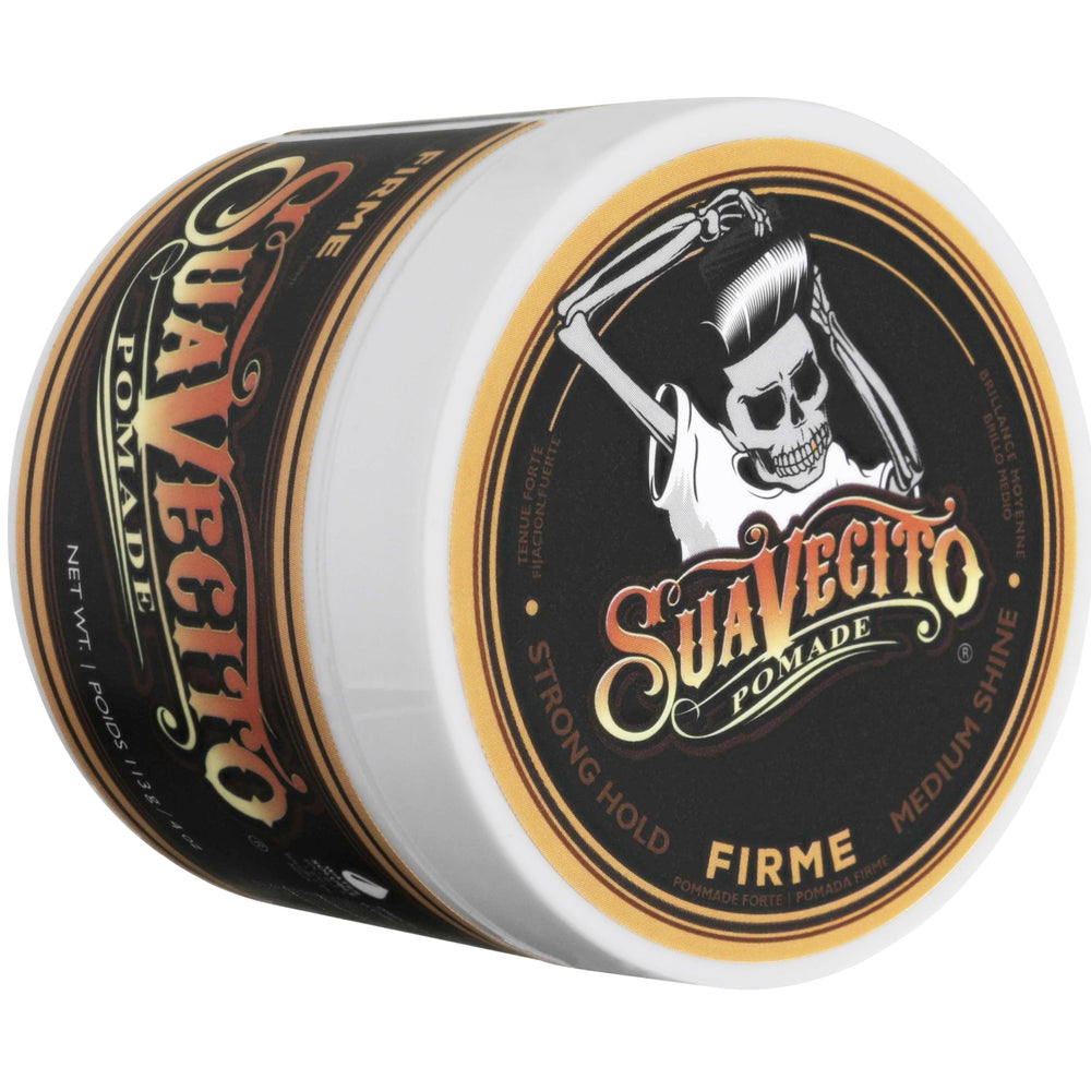 Suavecito Pomade Firme medium shine adds polished look.