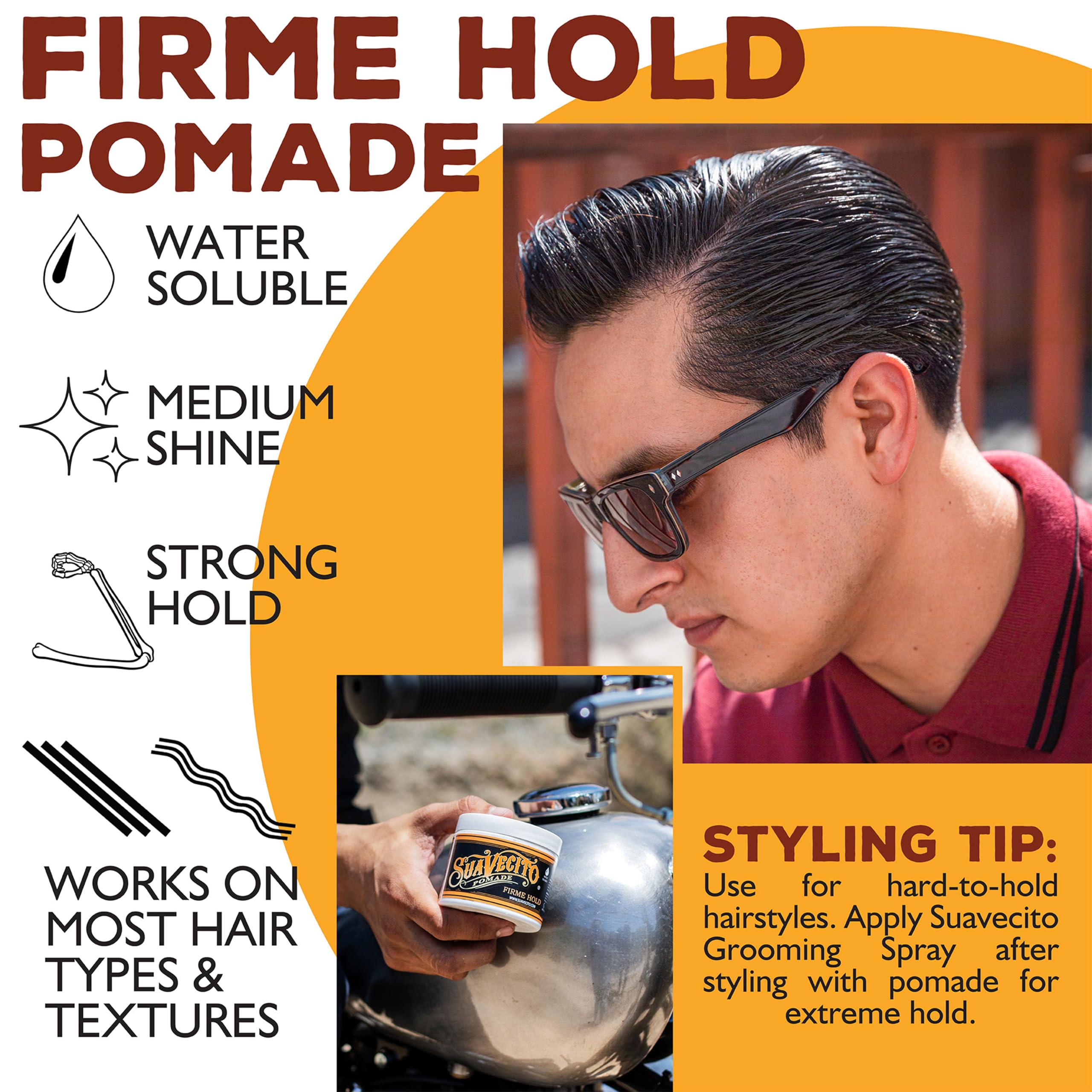 Suavecito Pomade Firme slick-back styling example demonstrates strong hold.