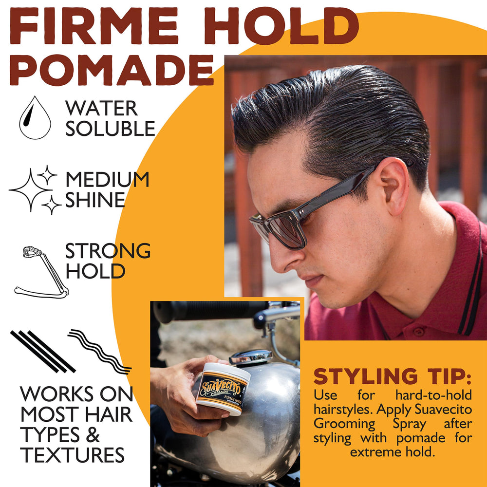 Suavecito Pomade Firme slick-back styling example demonstrates strong hold.