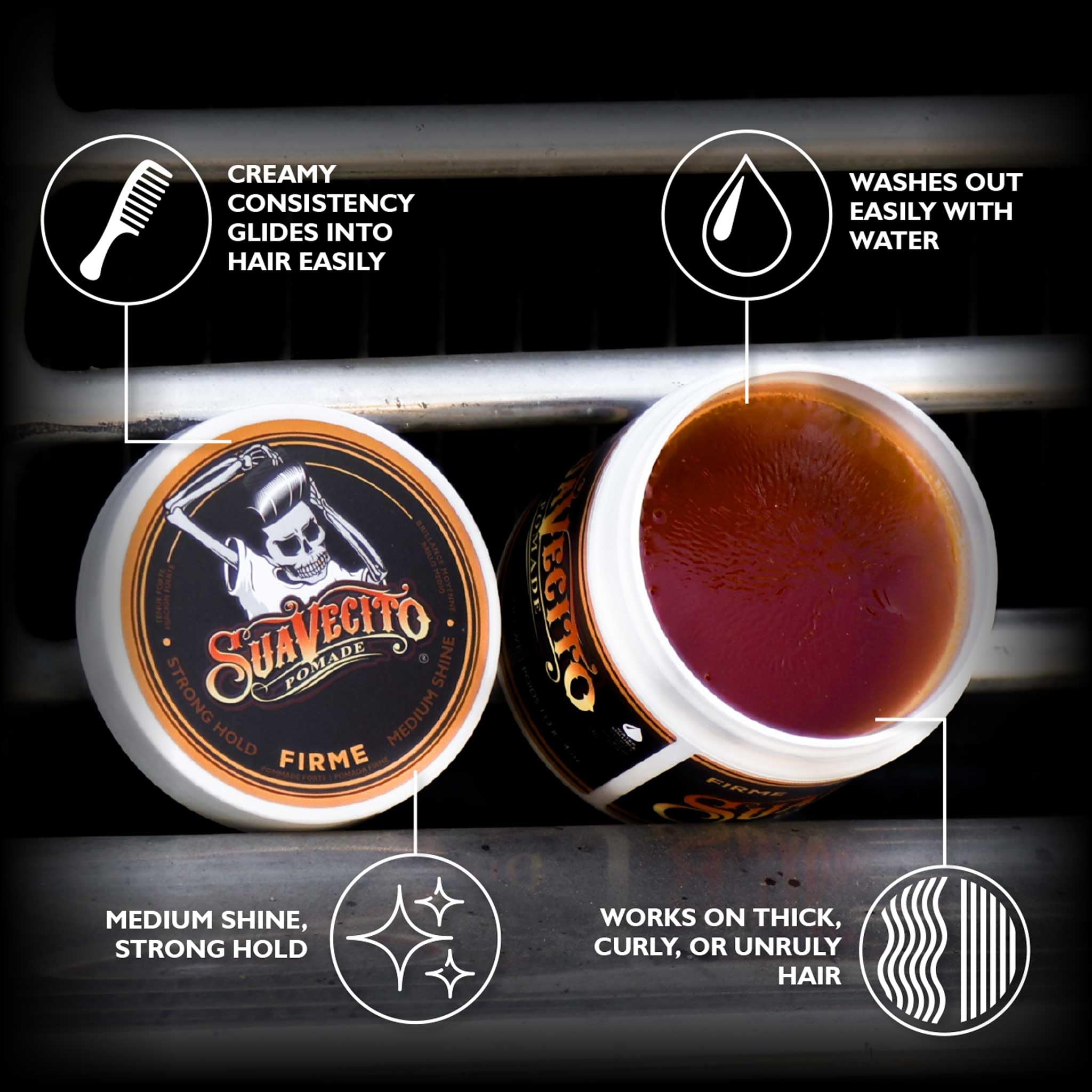 Suavecito Pomade Firme bottle closeup highlighting easy washout capability