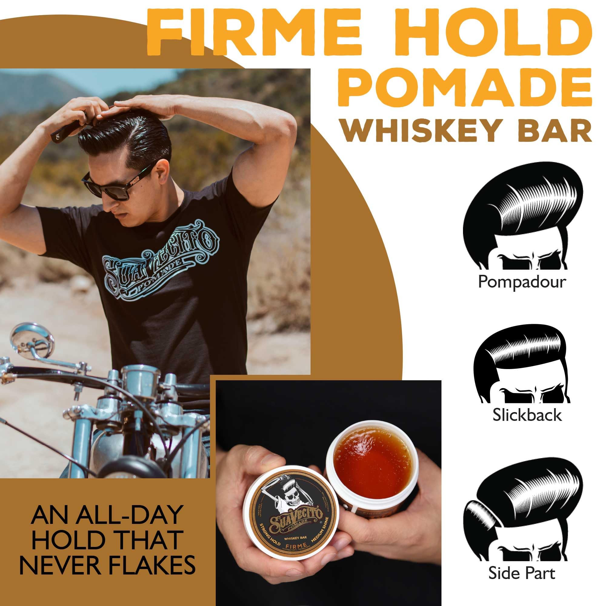 Suavecito Pomade Firme ready for combs with a hair style look.