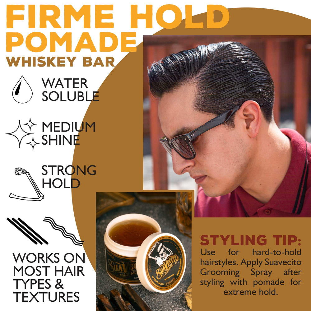 Label close-up on Suavecito Pomade Firme highlights whiskey scent and Cedar notes.