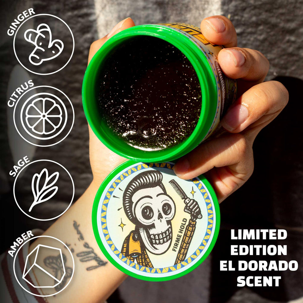 Suavecito Pomade Firme label detail reveals El Dorado scent and water-based formula
