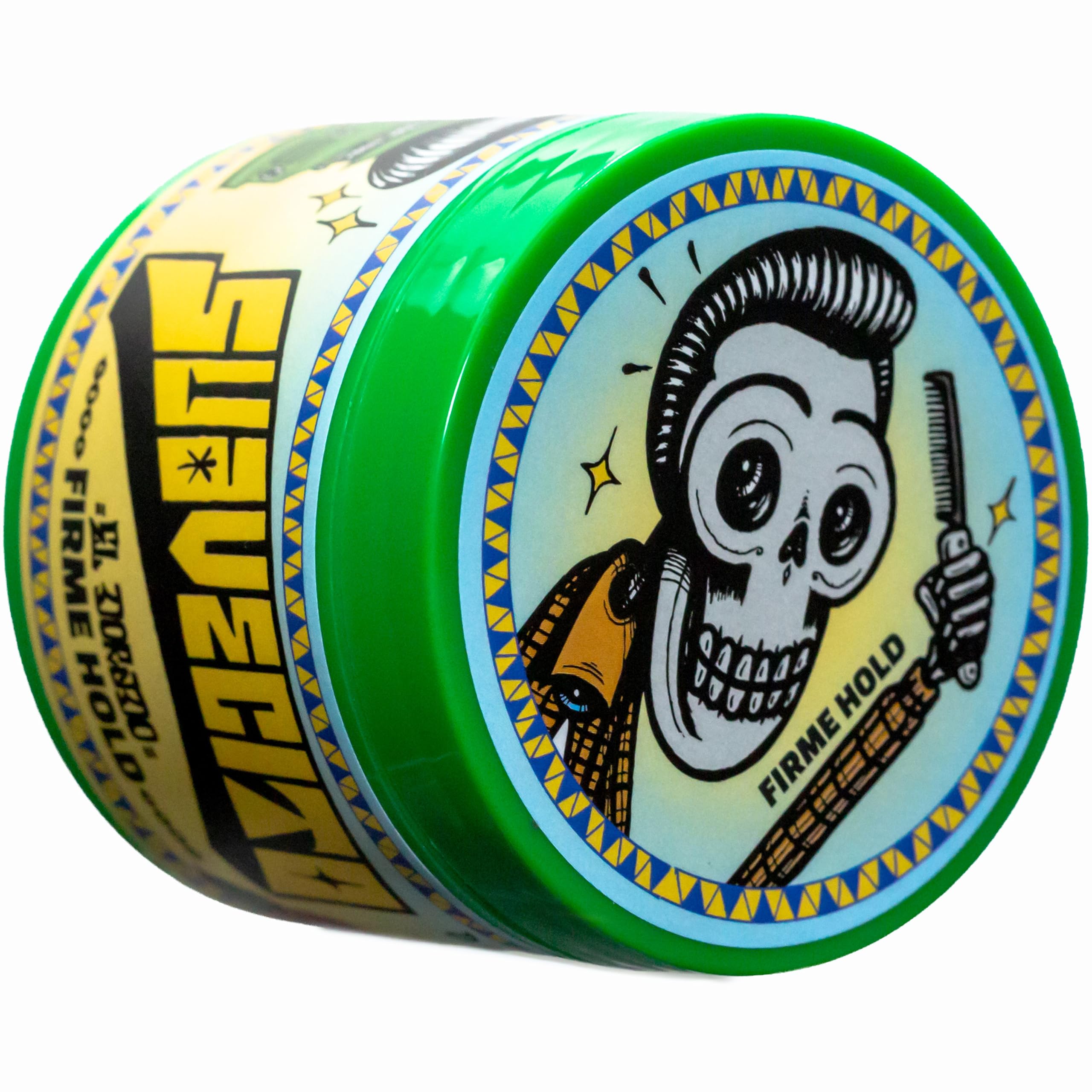 Suavecito Pomade Firme lid close-up emphasizing smooth application for quick styling