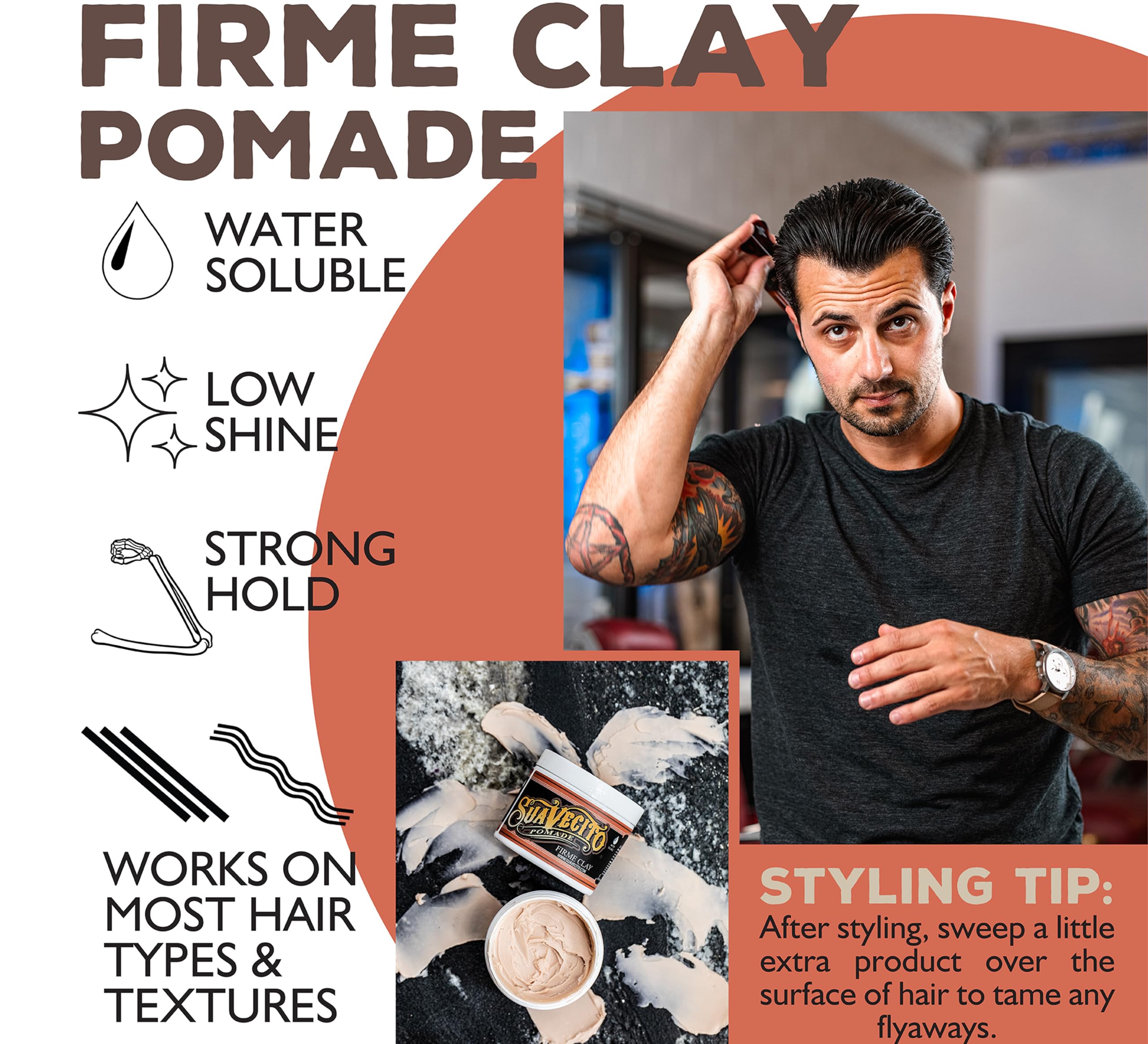 Suavecito Pomade Firme strong hold look sculpting defined style.
