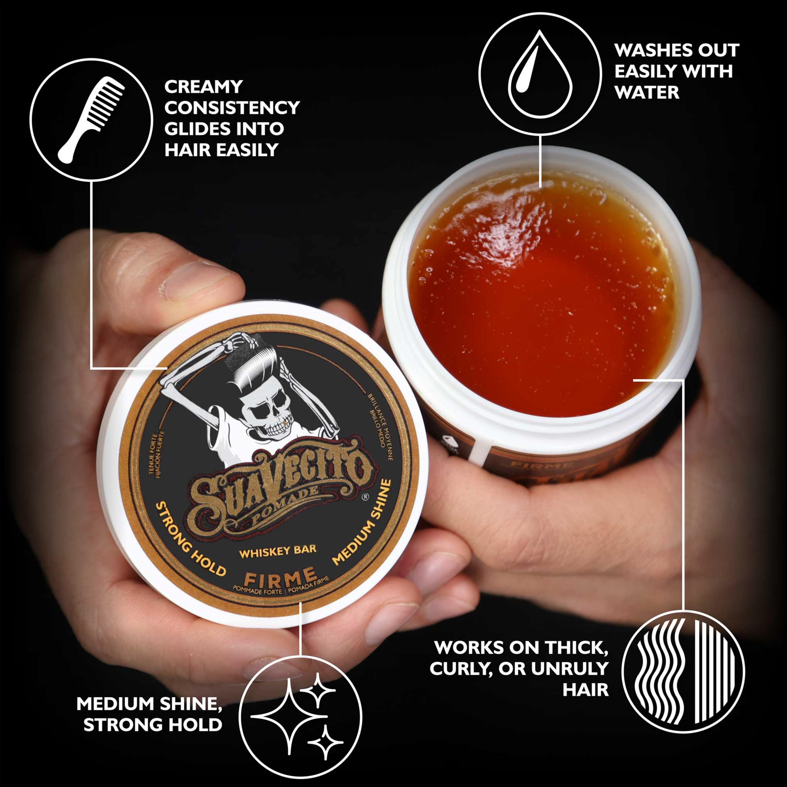 Close-up of Suavecito Pomade Firme texture shows creamy consistency for smooth styling.