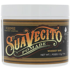 Suavecito Pomade Firme whiskey bottle showing strong hold for sleek styles.
