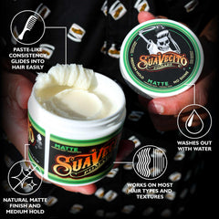 Suavecito Pomade Matte cream texture indicates smooth application and effortless shaping.