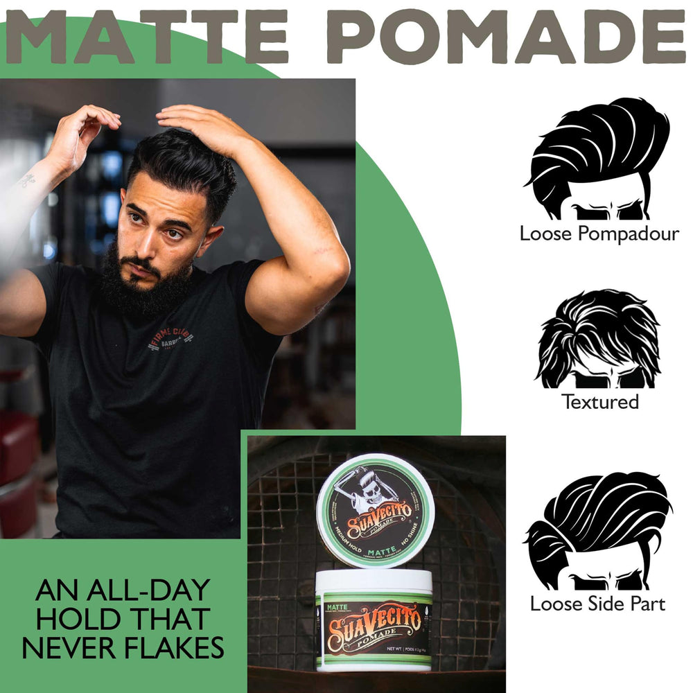 Suavecito Pomade Matte side-part styling demonstrates controlled hold for classic cuts.