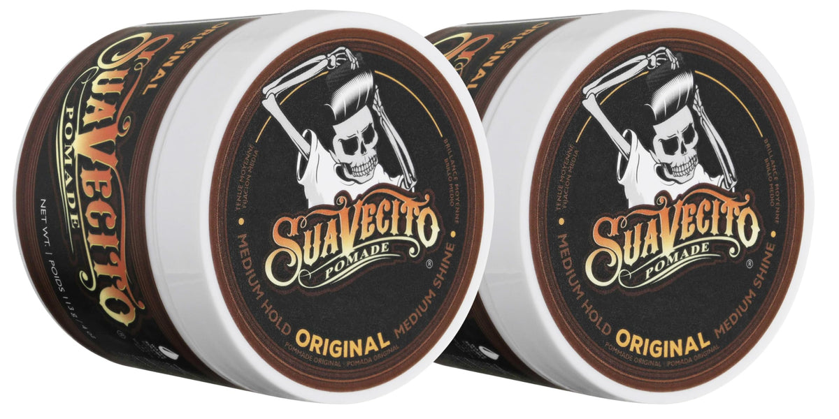 Close-up of Suavecito Pomade Original bottle showing easy hold and signature scent.