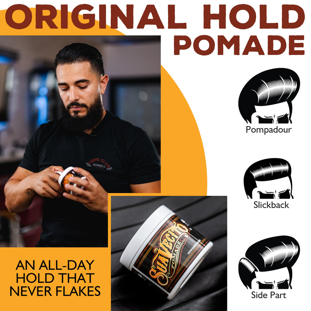 Side-part hairstyle secured by Suavecito Pomade Original throughout the day.