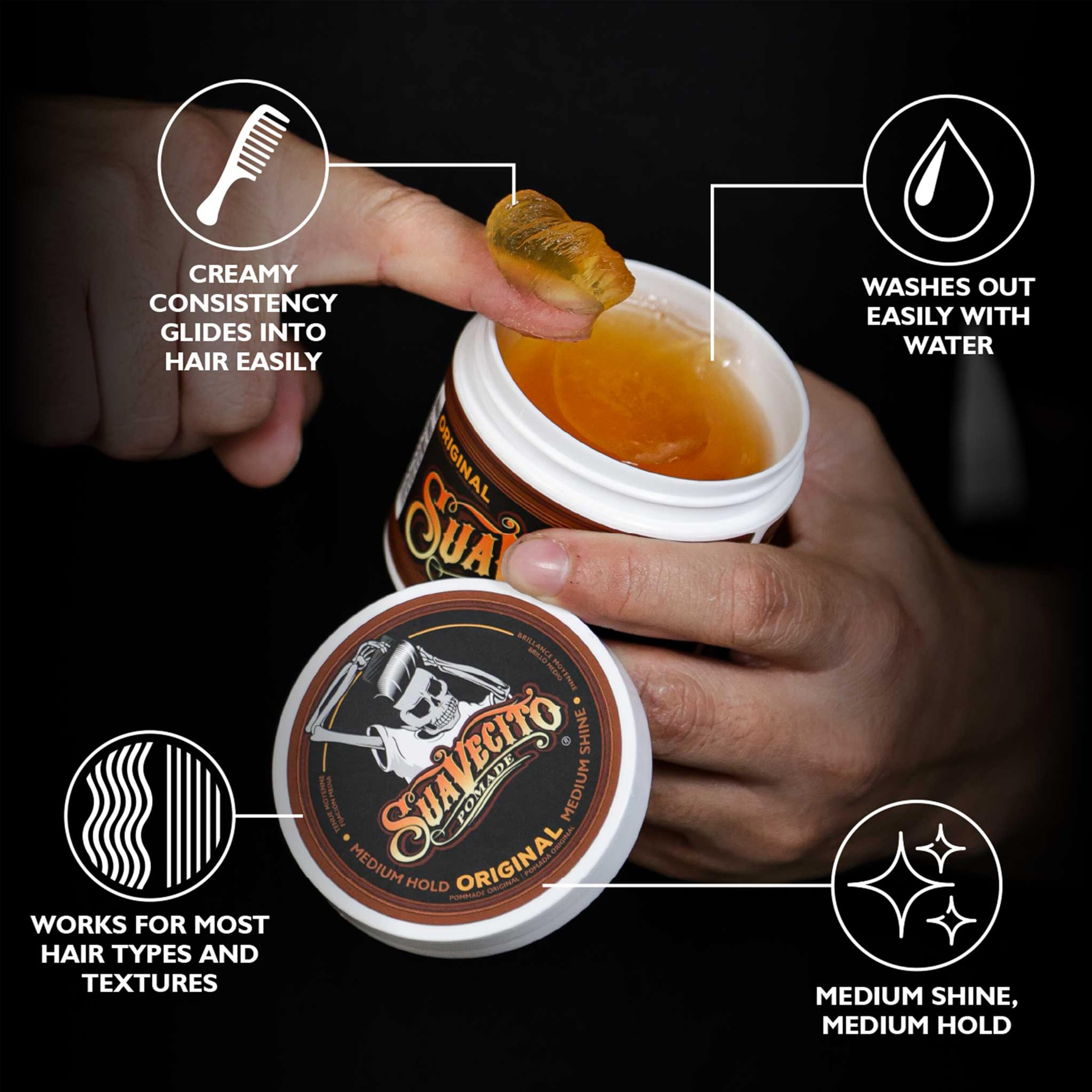 Slick-back look achieved with Suavecito Pomade Original and medium hold.