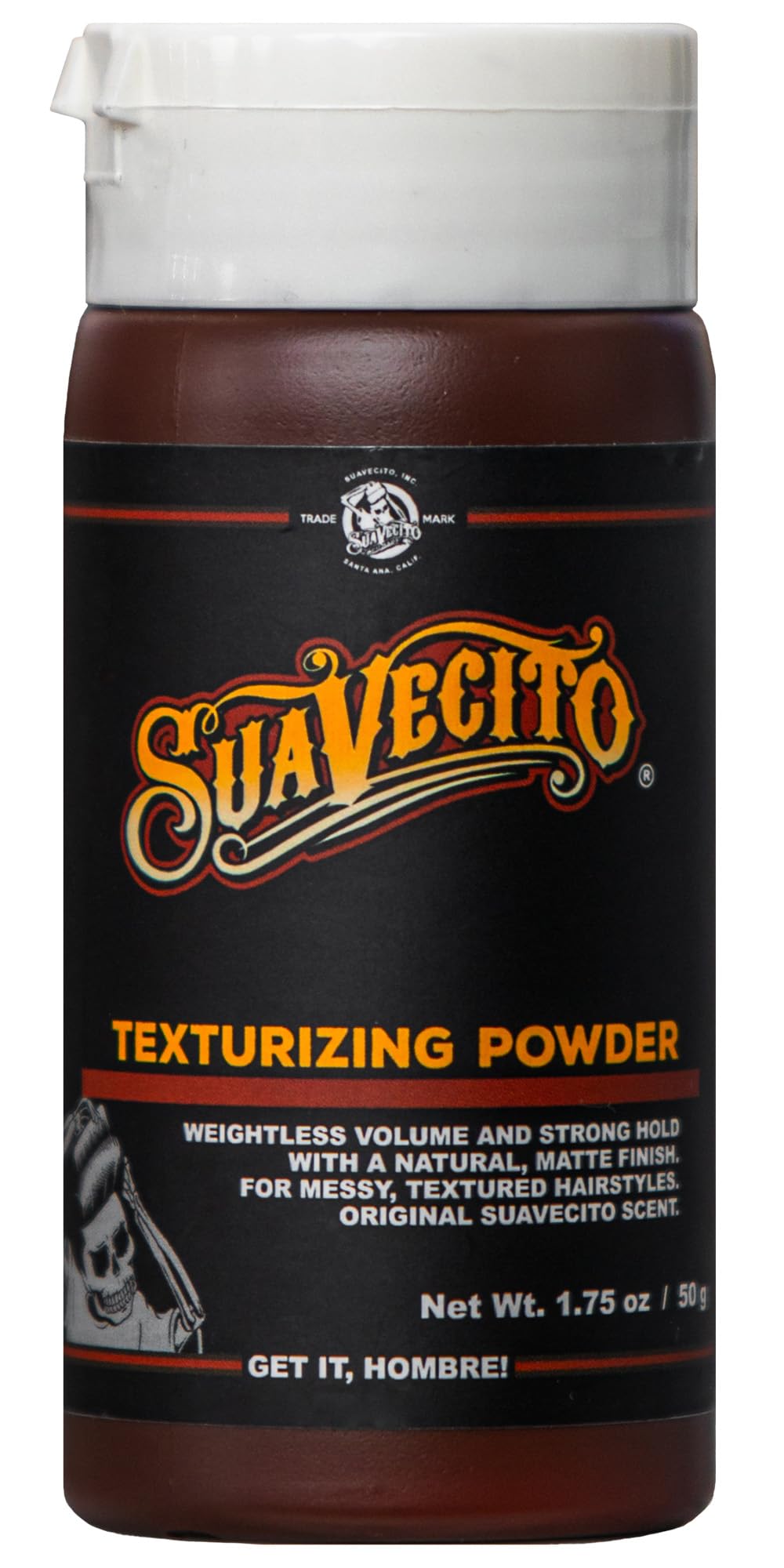 Suavecito texturizing powder bottle shows matte finish and lift
