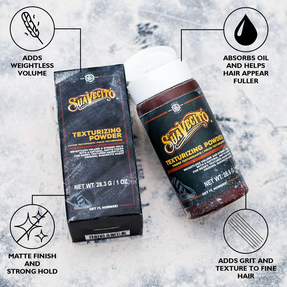 Close-up of Suavecito powder at roots showing texture and volume