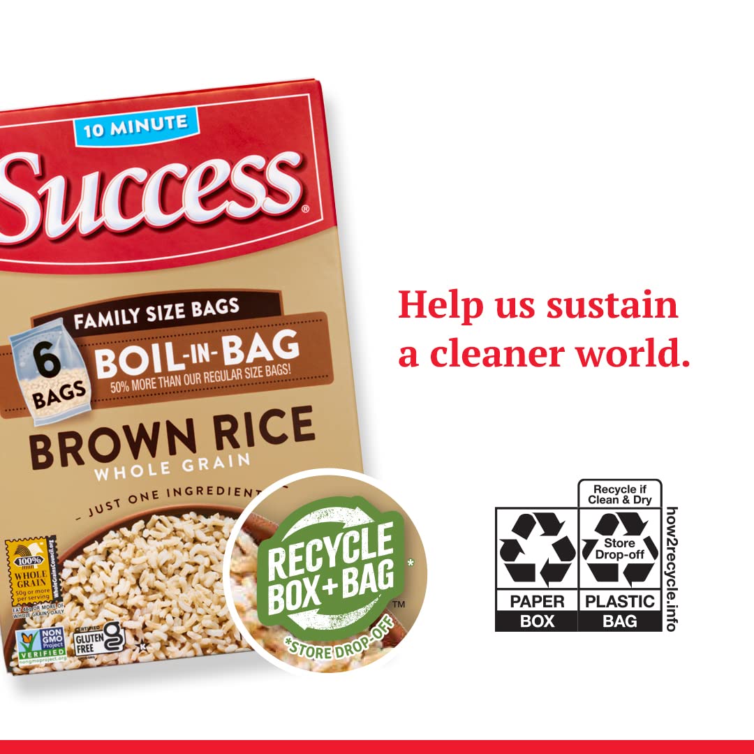 SUCCESS Non-GMO verified Brown Rice bag signals simple, trustworthy ingredients.