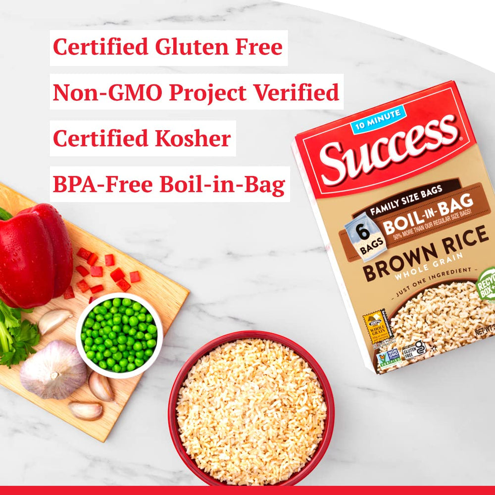 SUCCESS Brown Rice USA-grown label on bag emphasizes local sourcing.