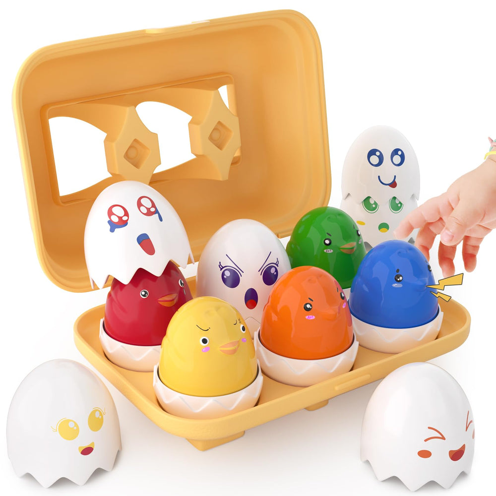 Sucenance Montessori Easter eggs with hinged tops for color and expression matching.