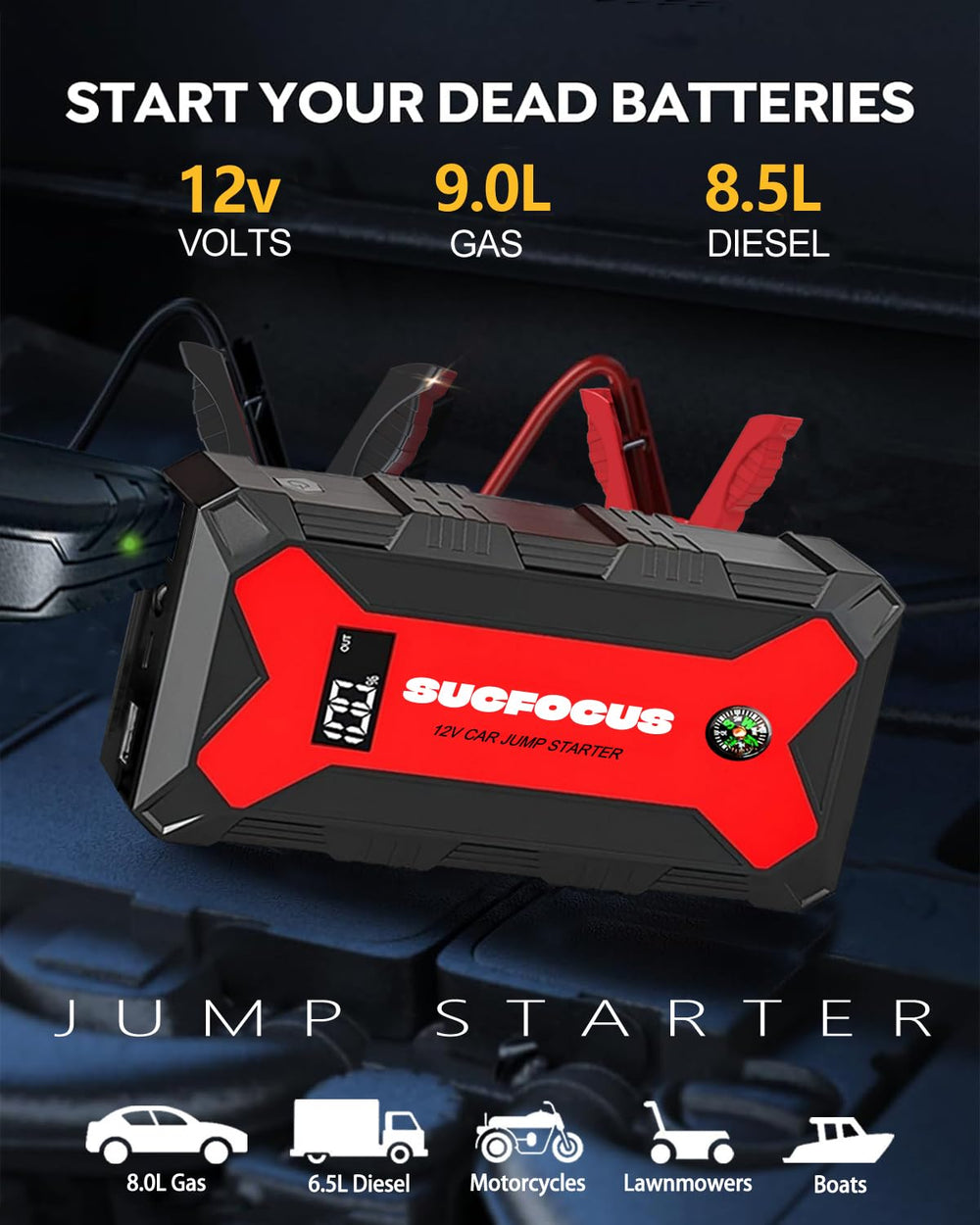 SUCFOCUS jump starter LCD display shows power status clearly.