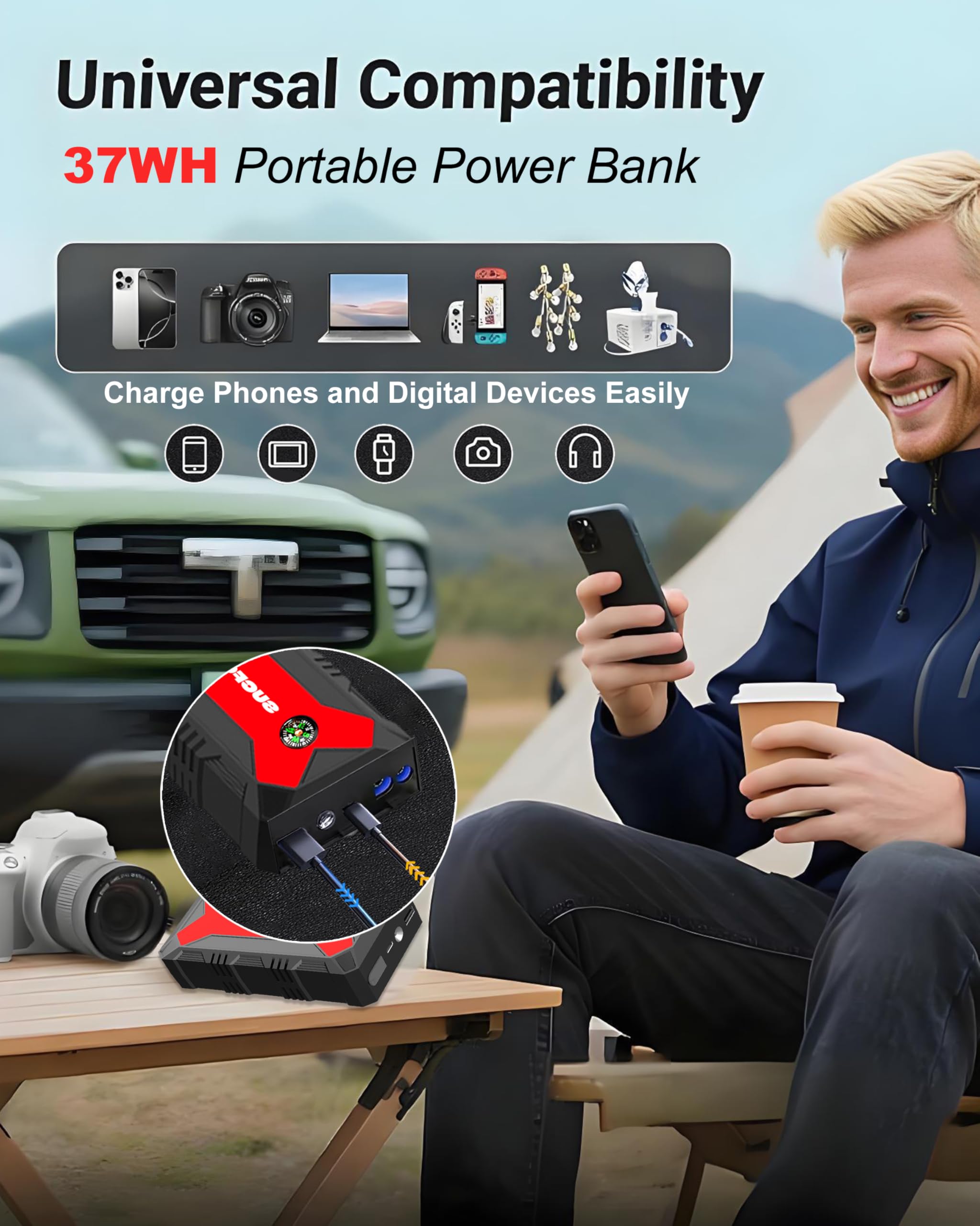 SUCFOCUS USB QC3.0 ports enable fast charging.