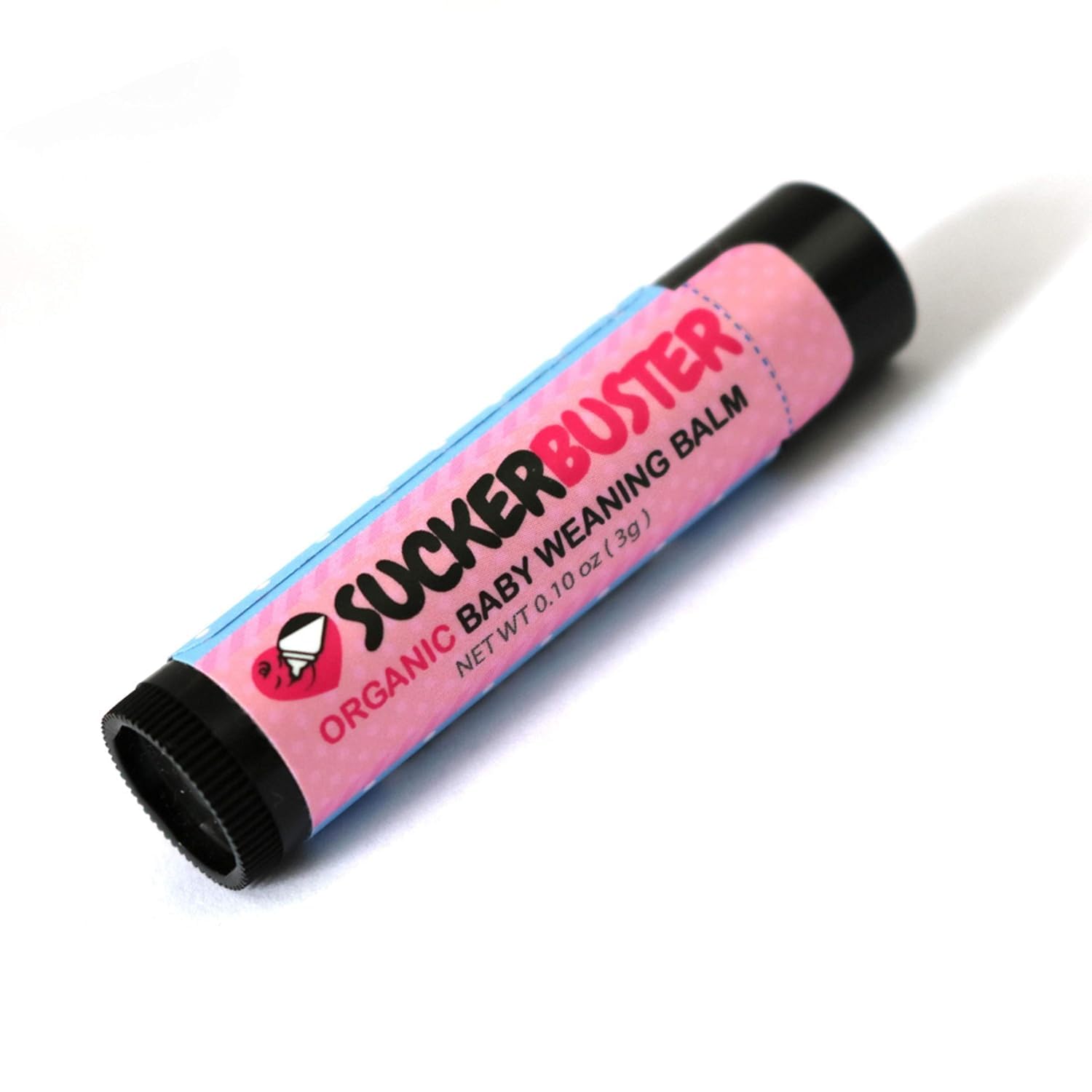 Suckerbuster balm packaging with organic formula highlights natural ingredients