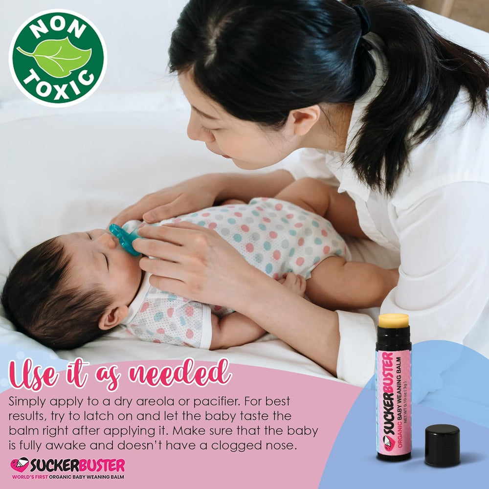 Suckerbuster balm applied to pacifier for easing transition
