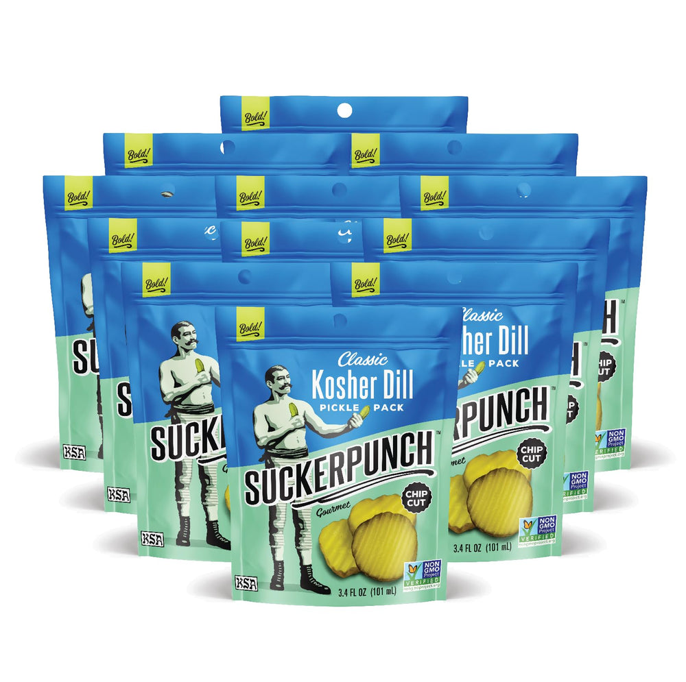 SuckerPunch Classic Dill Pickle Chips closeup of crisp dill flavor for on-the-go snacking
