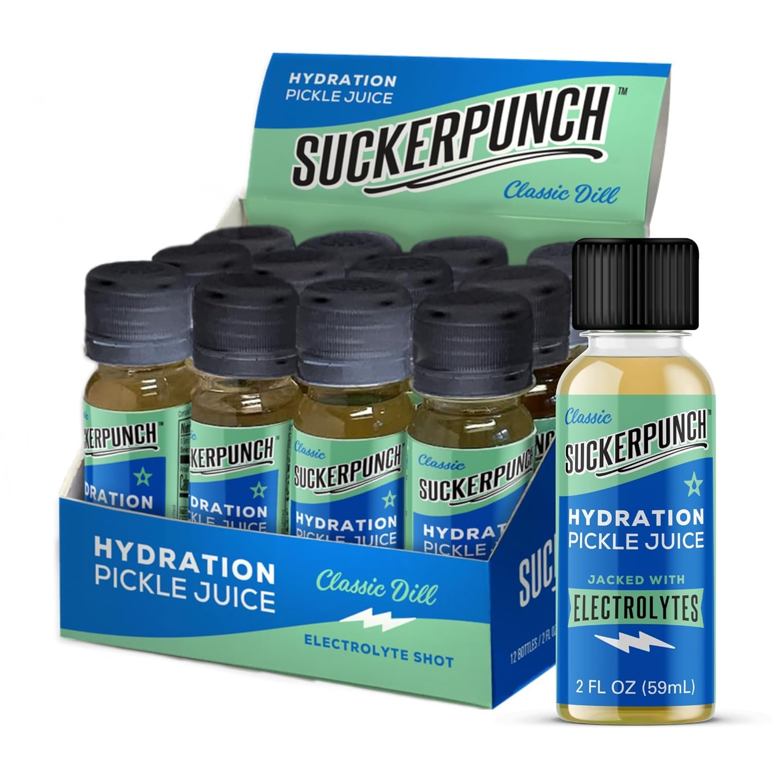 Suckerpunch pickle shot bottle showcases dill flavor for on-the-go hydration.