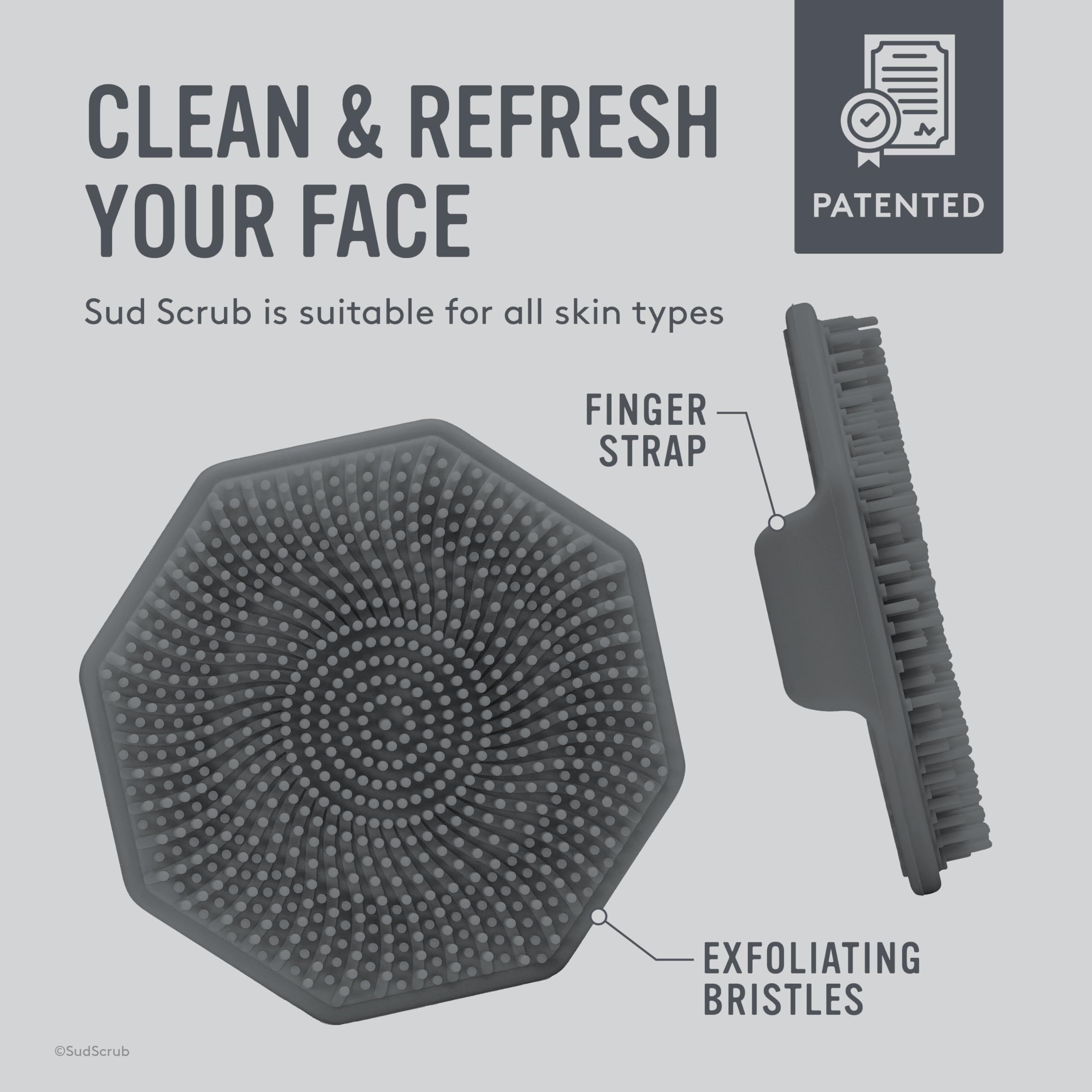 Sud Scrub Charcoal Face Scrubber surface displays antimicrobial coating for hygienic cleansing.