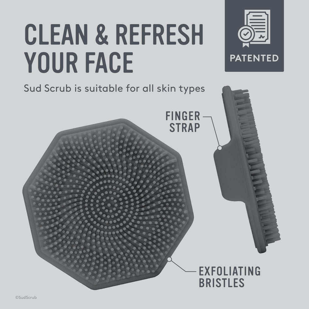 Sud Scrub Charcoal Face Scrubber surface displays antimicrobial coating for hygienic cleansing.