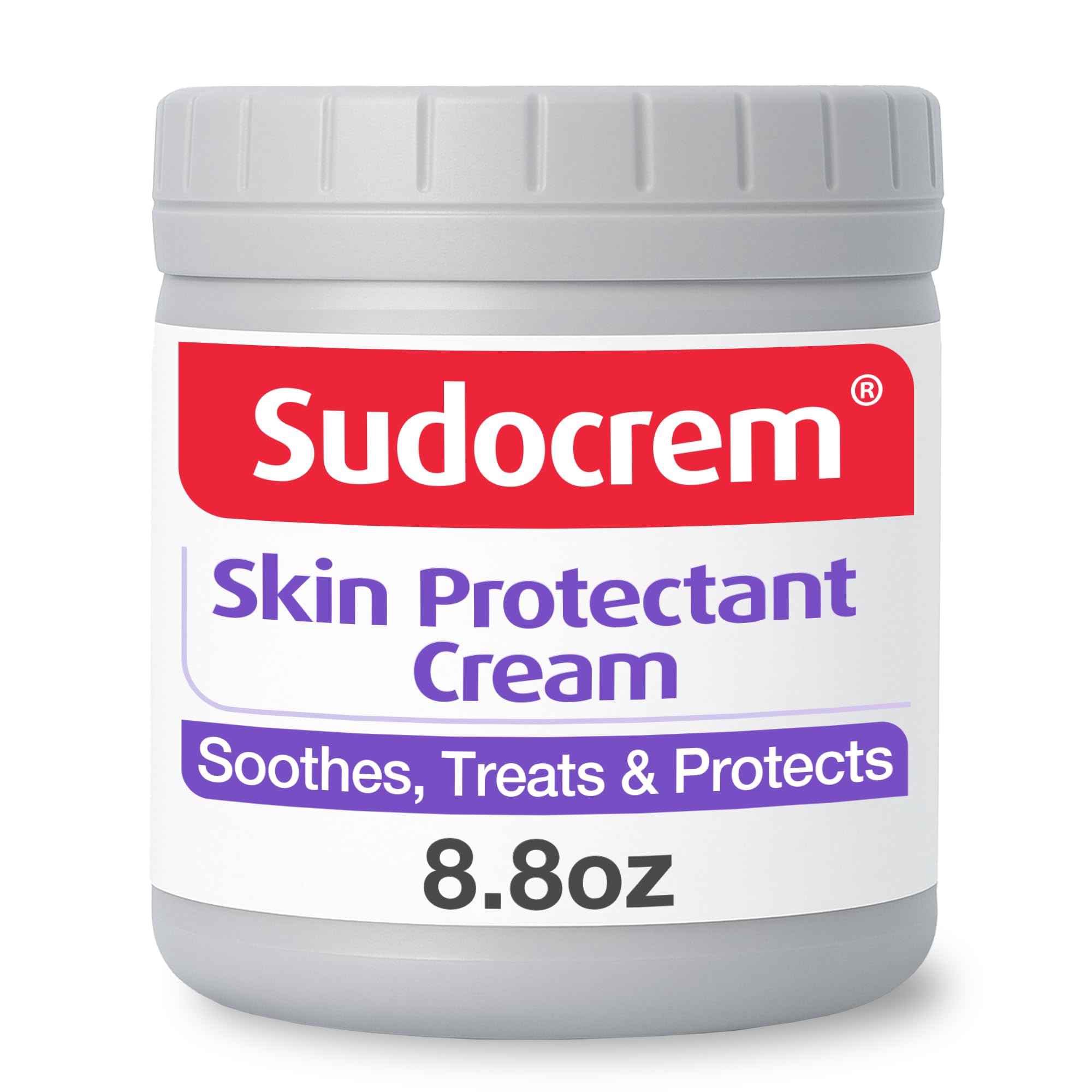 Sudocrem diaper rash cream jar close-up highlighting zinc oxide protection for irritated baby skin.