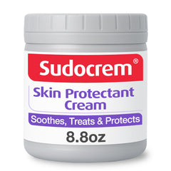 Sudocrem diaper rash cream jar close-up highlighting zinc oxide protection for irritated baby skin.