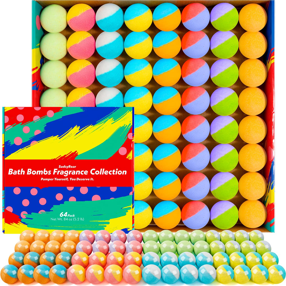 SudsyRoar 64-pack collection of assorted bath bombs in vibrant colors