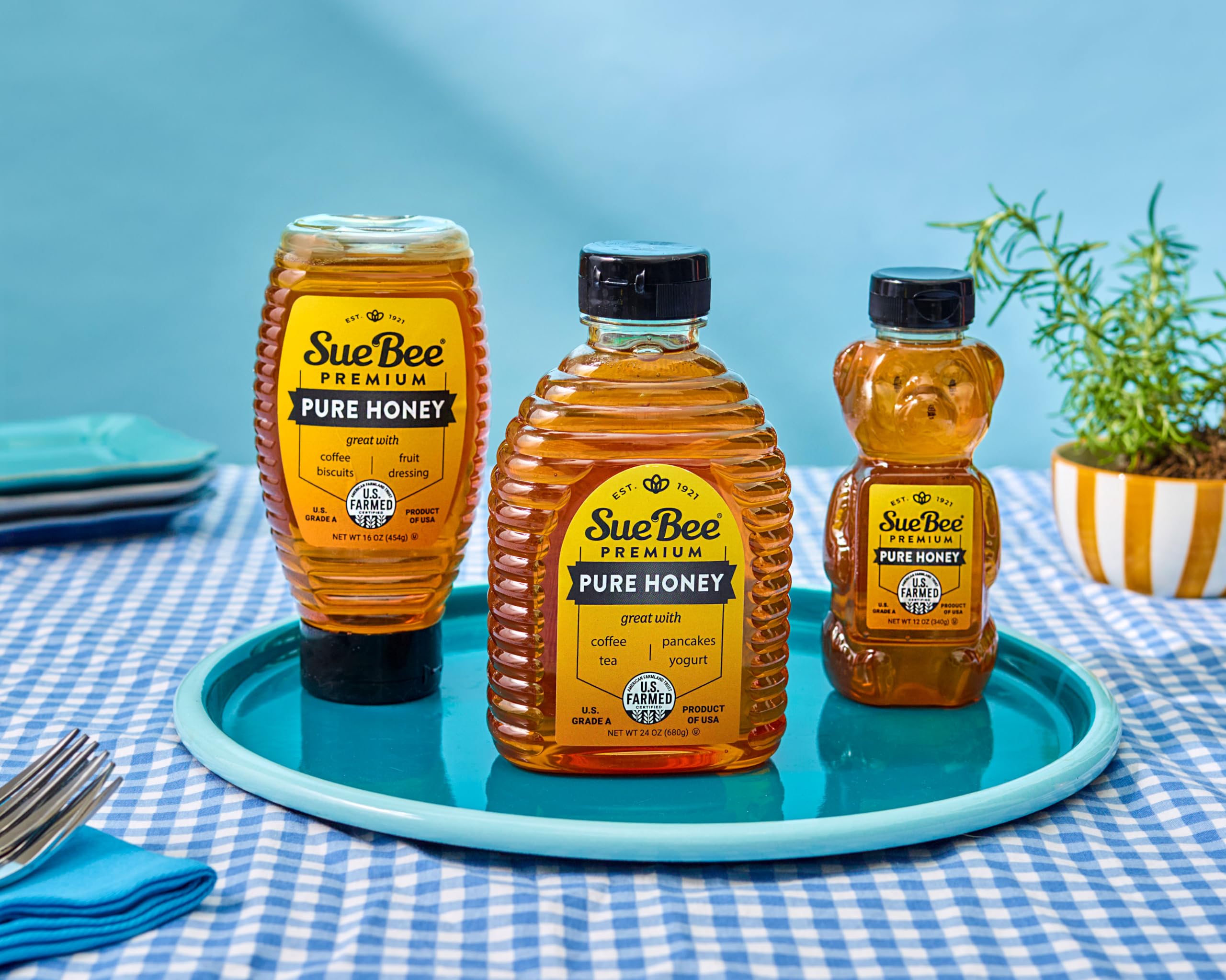 Sue Bee honey packaging with squeeze pouch for on-the-go use.