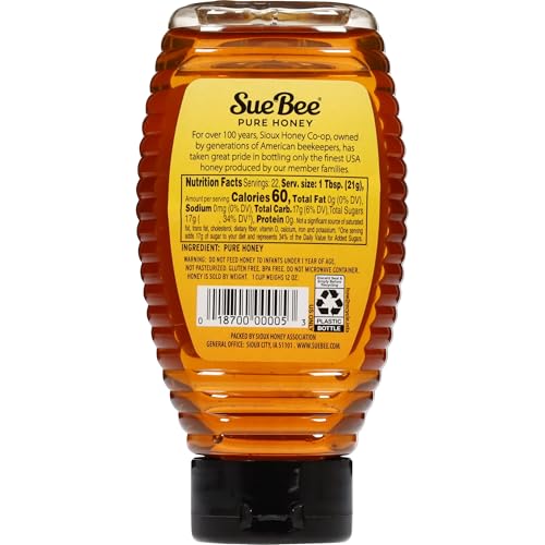 Label closeup highlighting USA origin and Grade A quality of Sue Bee honey.
