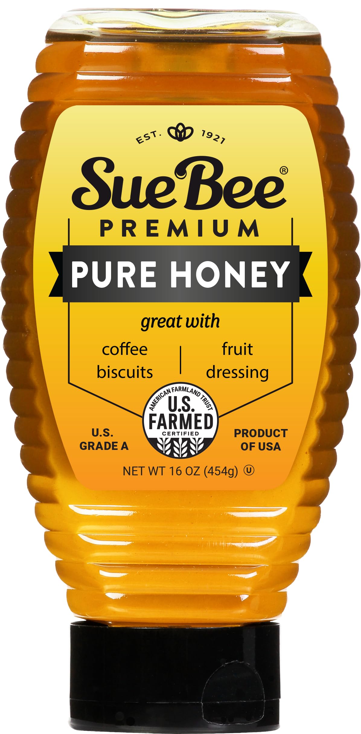 Sue Bee Pure Premium Honey 16 oz bottle, all-natural sweetness for everyday use.