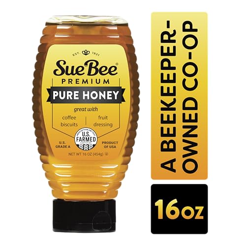 Squeeze bear bottle from Sue Bee on a kitchen shelf for easy access.