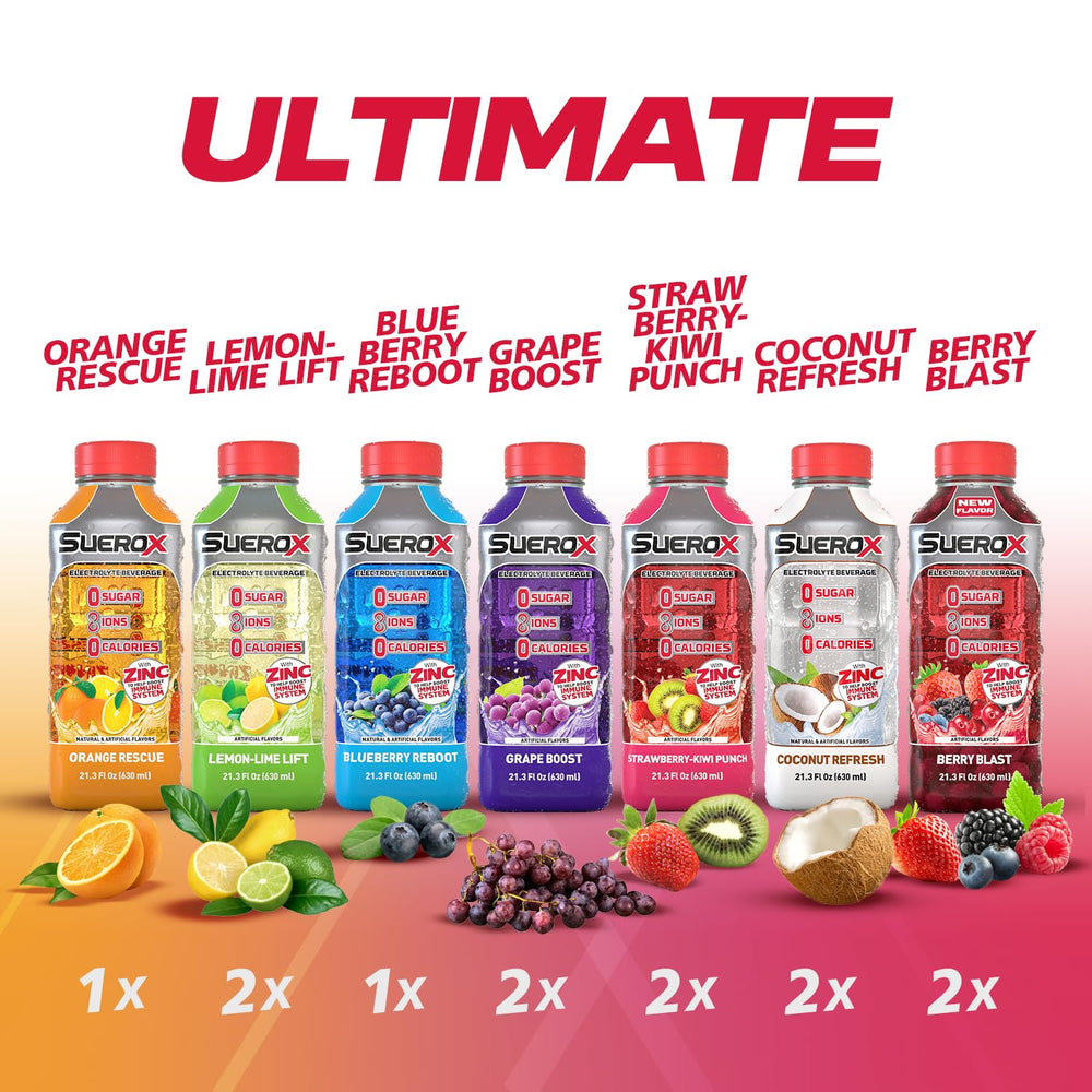 Display of SueroX flavors showing a flavor assortment for everyday hydration
