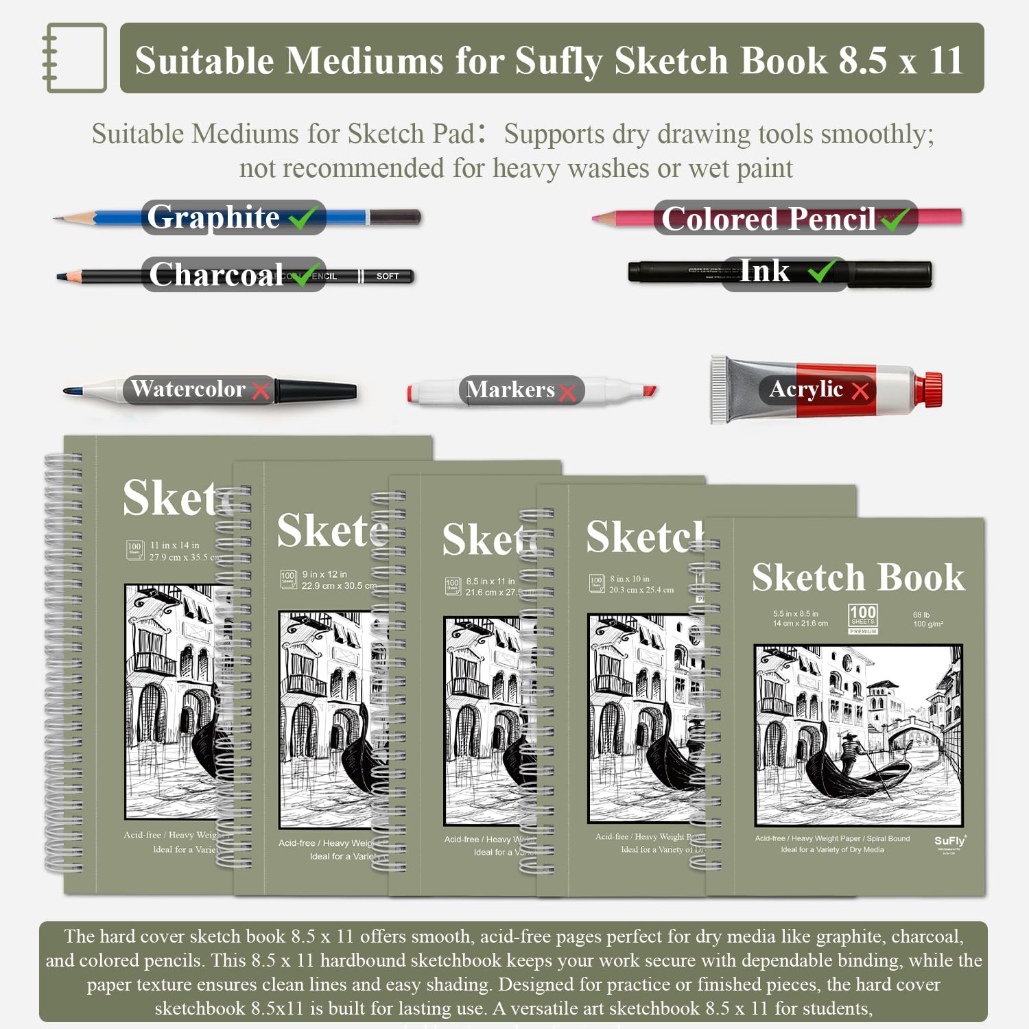 Sufly Sketch Book 100 sheets acid-free paper preserves artwork.