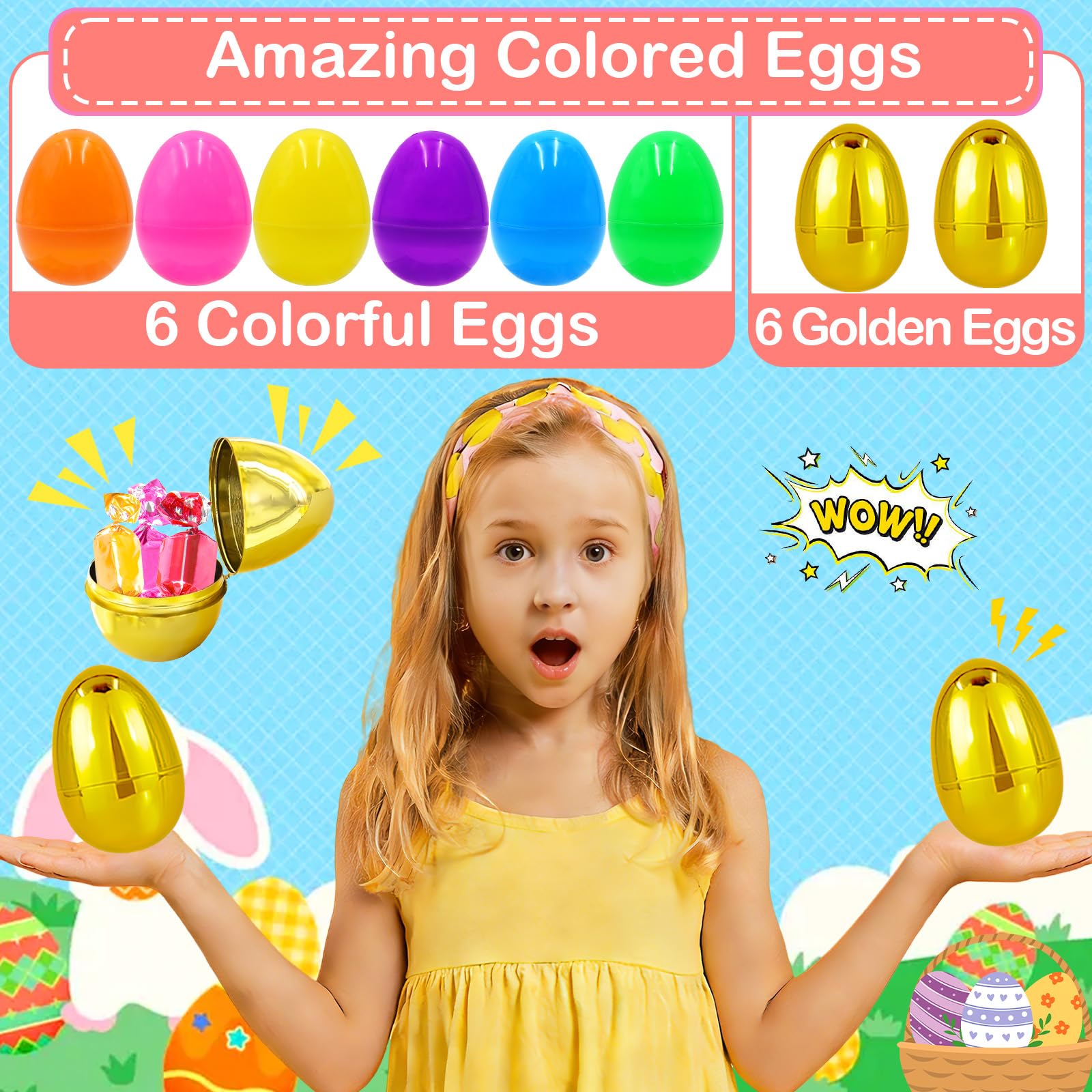 Sufuplay plastic Easter eggs opened to reveal candy and small gifts.