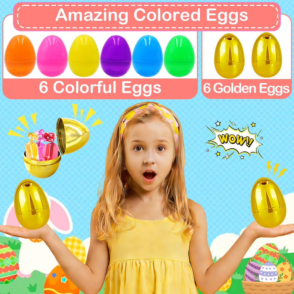 Sufuplay plastic Easter eggs opened to reveal candy and small gifts.