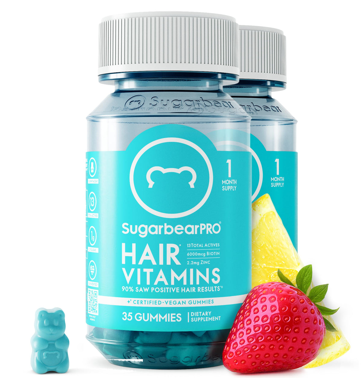 SugarBearHair vitamin gummy bottle front highlighting extra-strength biotin for hair vitality.