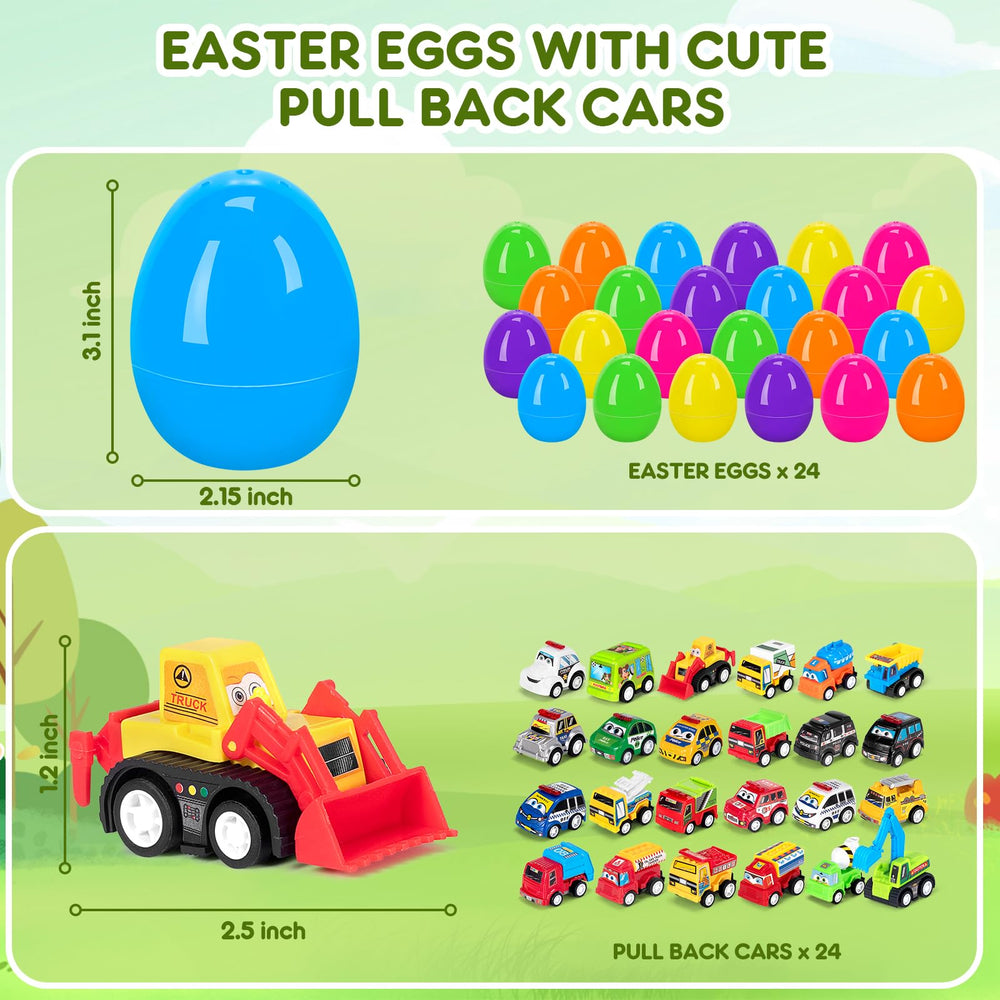 SUGFUT Easter eggs filled with toys and pull-back cars in bright colors.