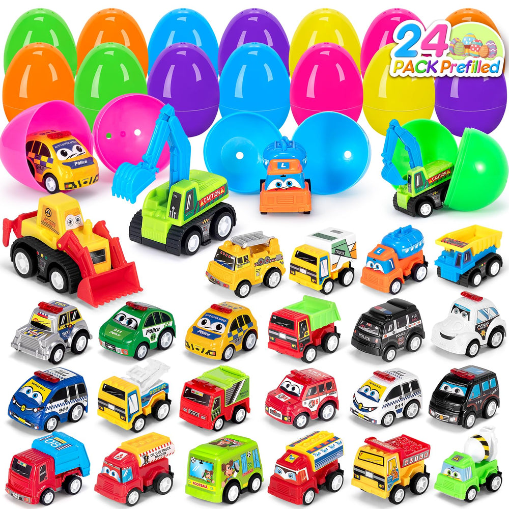 SUGFUT prefixed Easter eggs with pull-back cars for quick basket gifting.