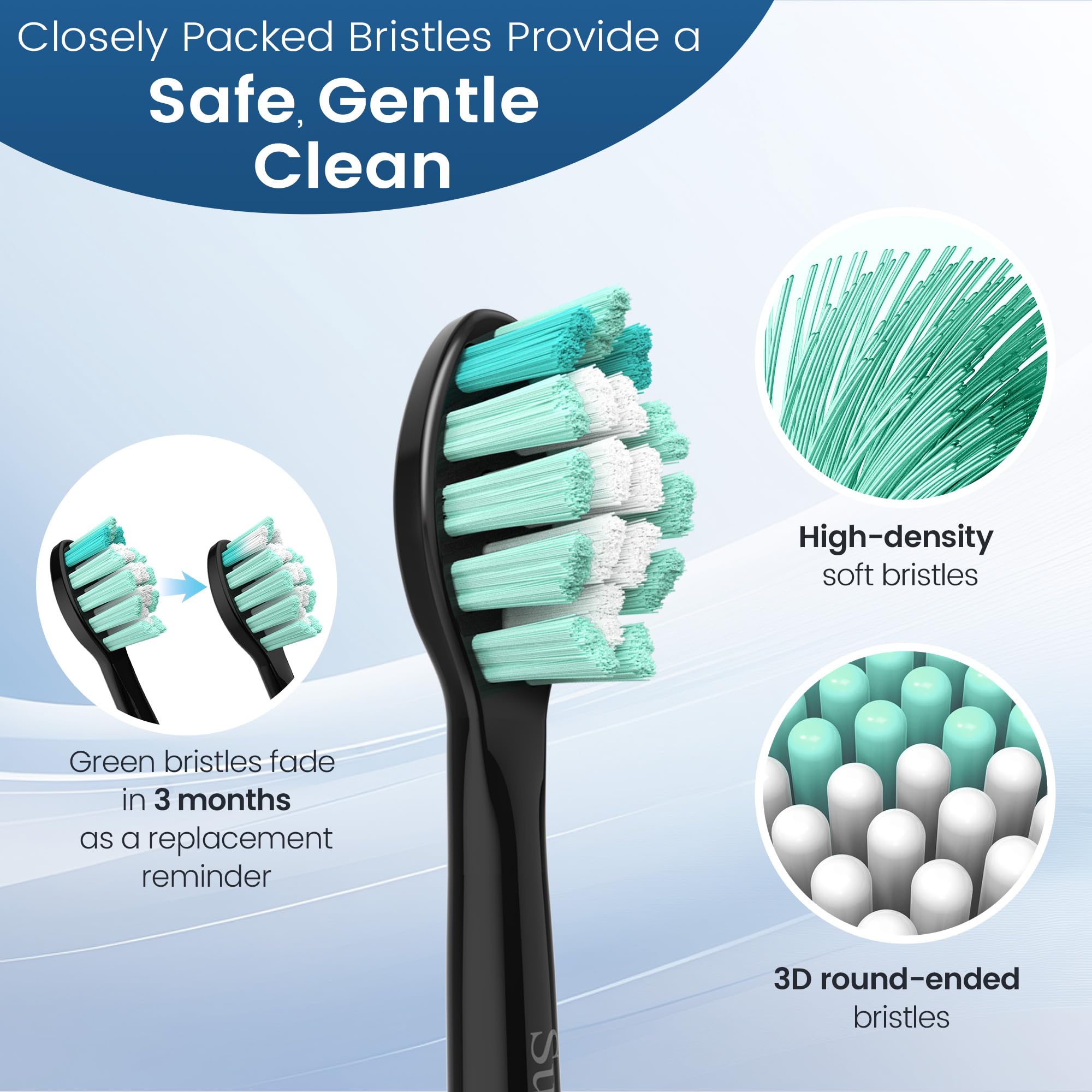 SuitShine bristles close-up, gentle on gums, designed for Sonicare compatibility, daily use