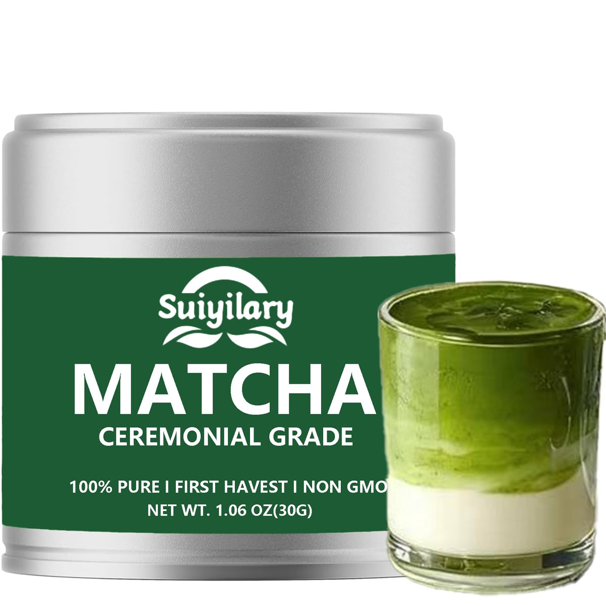 Suiyilary ceremonial grade matcha in tin close-up highlights premium freshness.
