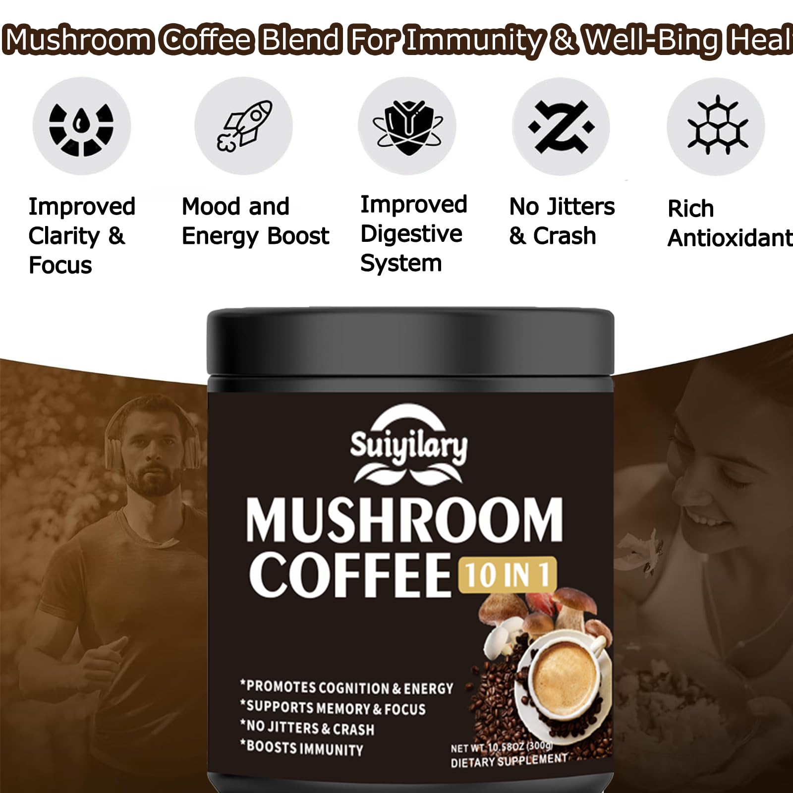 Suiyilary Mushroom Coffee powder texture close-up reveals earthy aroma